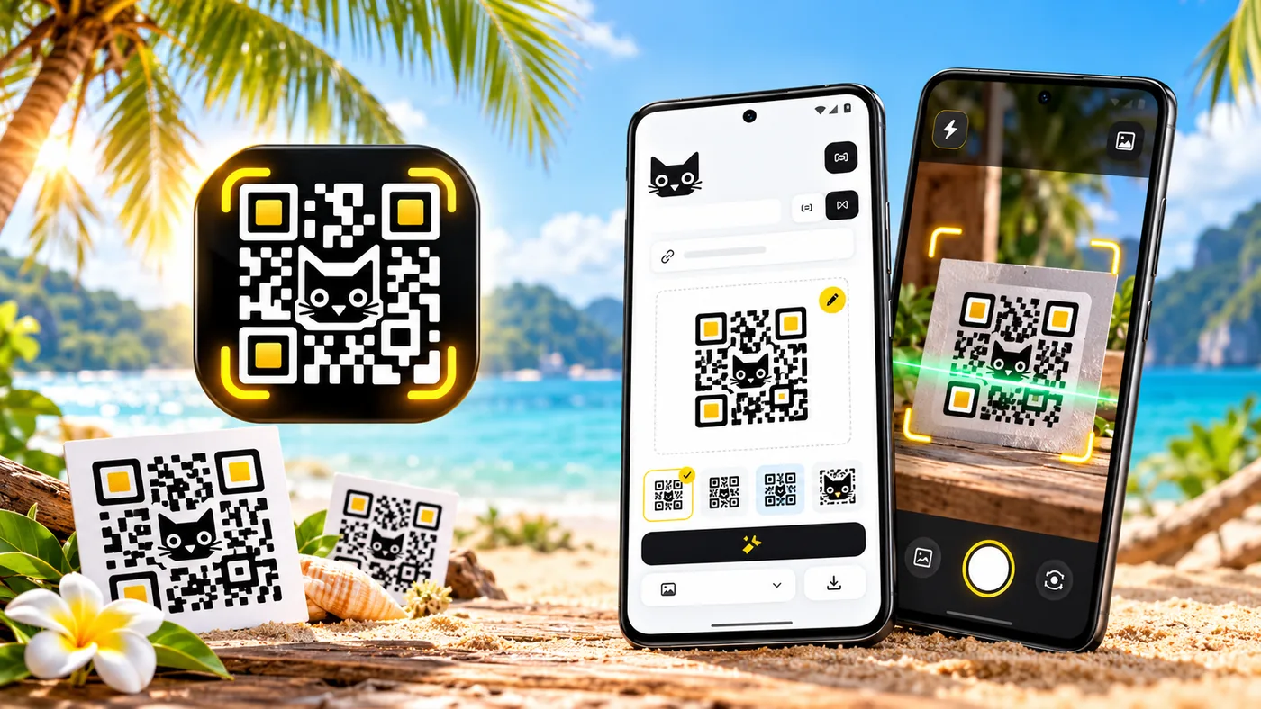 QR Kot promotional illustration: a QR code over a tropical beach photo